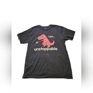 Large Mens Funny T-Rex Black T-Shirt with Red Dinosaur Print, Small Stain, Used